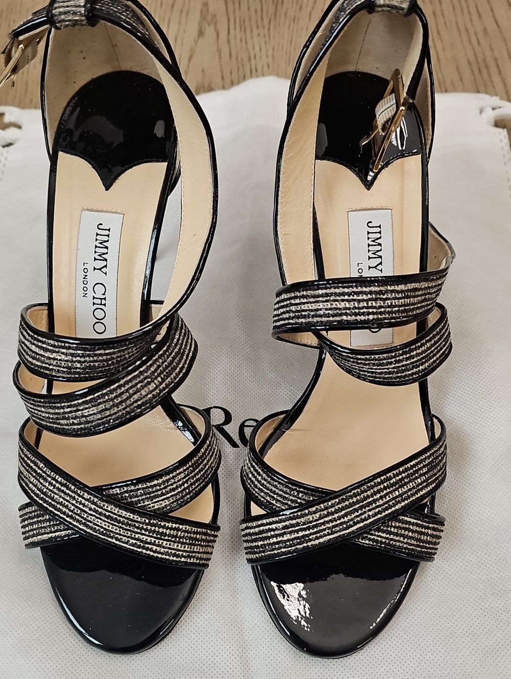 Jimmy Choo size 38.5 sandals. Stiletto, black patent and raffia shine